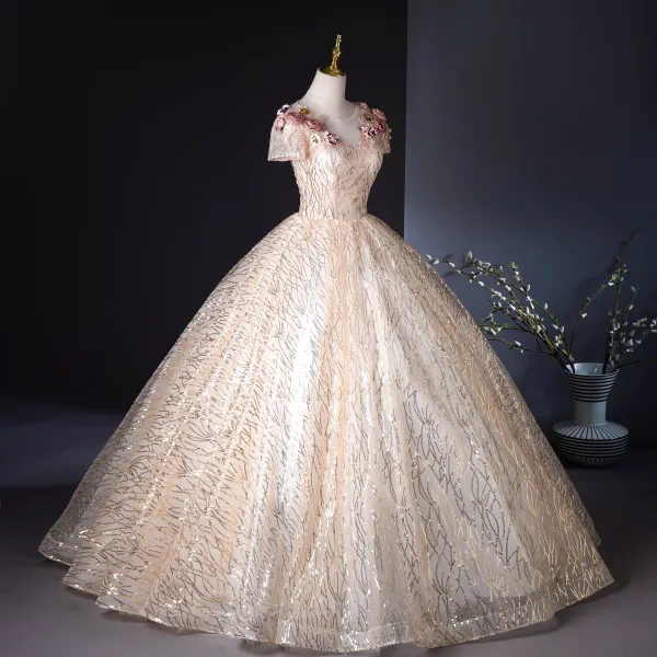 Charmant Bling Bling Gold Applikationen Perlenstickerei Perle Pailletten Spitze Blumen Ballkleider 2024 Ballkleid Rundhalsausschnitt Kurze Ärmel Rückenfreies