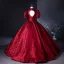 Vintage Burgunderrot Drucken Ballkleider 2024 Ballkleid Stehkragen Geschwollenes Kurze Ärmel Schleife Rückenfreies Lange Ball Festliche Kleider