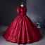 Vintage Burgunderrot Drucken Ballkleider 2024 Ballkleid Stehkragen Geschwollenes Kurze Ärmel Schleife Rückenfreies Lange Ball Festliche Kleider
