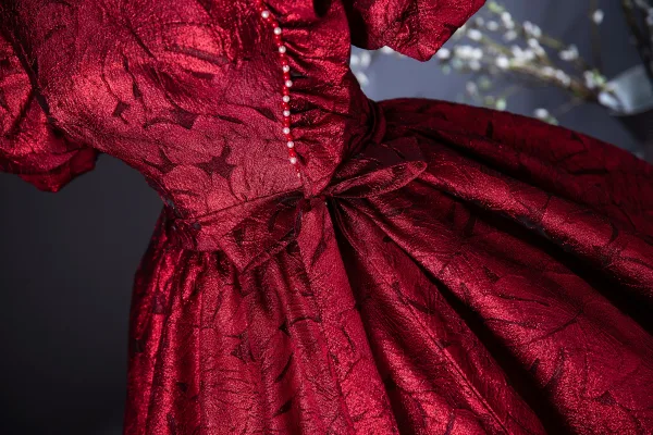 Vintage Burgunderrot Drucken Ballkleider 2024 Ballkleid Stehkragen Geschwollenes Kurze Ärmel Schleife Rückenfreies Lange Ball Festliche Kleider