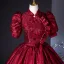 Vintage Burgunderrot Drucken Ballkleider 2024 Ballkleid Stehkragen Geschwollenes Kurze Ärmel Schleife Rückenfreies Lange Ball Festliche Kleider