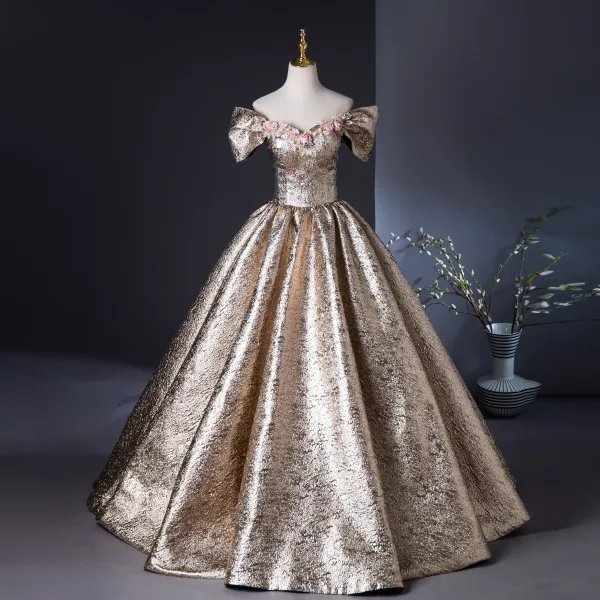 Charming Bling Bling Gold Glitter Pearl Appliques Lace Flower Prom Dresses 2024 Ball Gown Off-The-Shoulder Short Sleeve Backless Floor-Length / Long