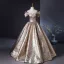 Charming Bling Bling Gold Glitter Pearl Appliques Lace Flower Prom Dresses 2024 Ball Gown Off-The-Shoulder Short Sleeve Backless Floor-Length / Long
