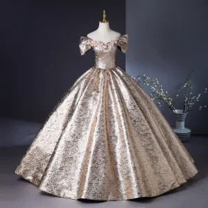 Charmant Bling Bling Doré Glitter Perle Appliques En Dentelle Fleur Robe De Bal 2024 Robe Boule De L Épaule Manches Courtes Dos Nu Longue
