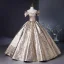 Charming Bling Bling Gold Glitter Pearl Appliques Lace Flower Prom Dresses 2024 Ball Gown Off-The-Shoulder Short Sleeve Backless Floor-Length / Long