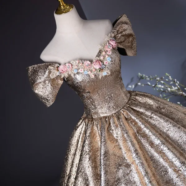 Charming Bling Bling Gold Glitter Pearl Appliques Lace Flower Prom Dresses 2024 Ball Gown Off-The-Shoulder Short Sleeve Backless Floor-Length / Long