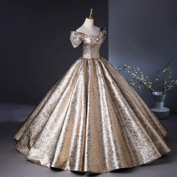 Charming Bling Bling Gold Glitter Pearl Appliques Lace Flower Prom Dresses 2024 Ball Gown Off-The-Shoulder Short Sleeve Backless Floor-Length / Long