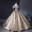 Charming Bling Bling Gold Glitter Pearl Appliques Lace Flower Prom Dresses 2024 Ball Gown Off-The-Shoulder Short Sleeve Backless Floor-Length / Long
