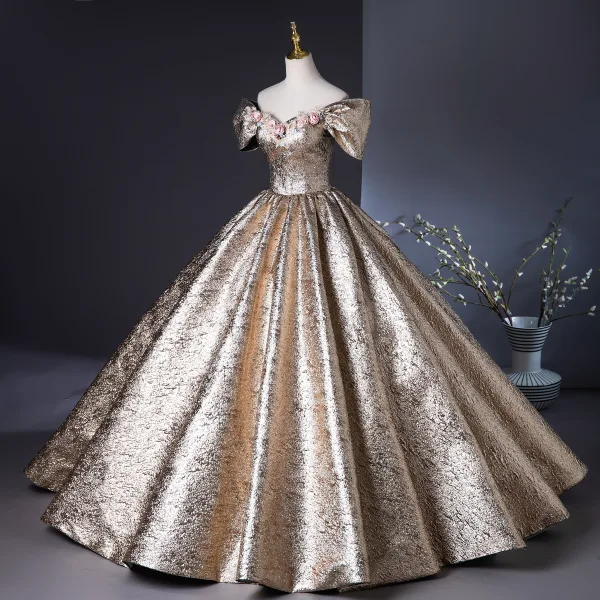 Charming Bling Bling Gold Glitter Pearl Appliques Lace Flower Prom Dresses 2024 Ball Gown Off-The-Shoulder Short Sleeve Backless Floor-Length / Long