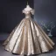 Charming Bling Bling Gold Glitter Pearl Appliques Lace Flower Prom Dresses 2024 Ball Gown Off-The-Shoulder Short Sleeve Backless Floor-Length / Long