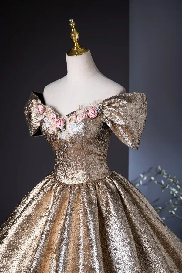 Charming Bling Bling Gold Glitter Pearl Appliques Lace Flower Prom Dresses 2024 Ball Gown Off-The-Shoulder Short Sleeve Backless Floor-Length / Long