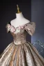 Charming Bling Bling Gold Glitter Pearl Appliques Lace Flower Prom Dresses 2024 Ball Gown Off-The-Shoulder Short Sleeve Backless Floor-Length / Long
