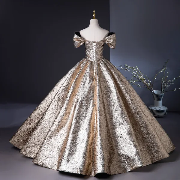 Charming Bling Bling Gold Glitter Pearl Appliques Lace Flower Prom Dresses 2024 Ball Gown Off-The-Shoulder Short Sleeve Backless Floor-Length / Long