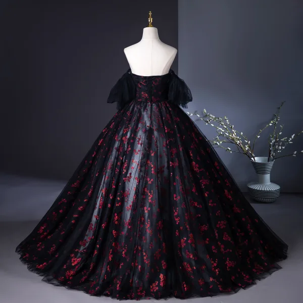 Flower Fairy Black Glitter Prom Dresses 2024 Ball Gown Strapless Sleeveless Backless Floor-Length / Long Prom Formal Dresses