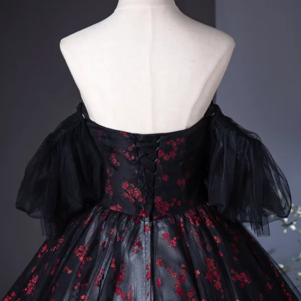 Flower Fairy Black Glitter Prom Dresses 2024 Ball Gown Strapless Sleeveless Backless Floor-Length / Long Prom Formal Dresses