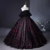 Flower Fairy Black Glitter Prom Dresses 2024 Ball Gown Strapless Sleeveless Backless Floor-Length / Long Prom Formal Dresses