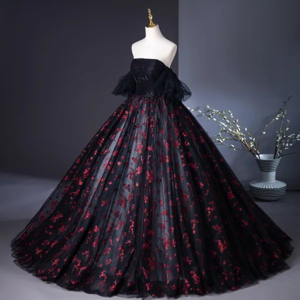 Flower Fairy Black Glitter Prom Dresses 2024 Ball Gown Strapless Sleeveless Backless Floor-Length / Long Prom Formal Dresses
