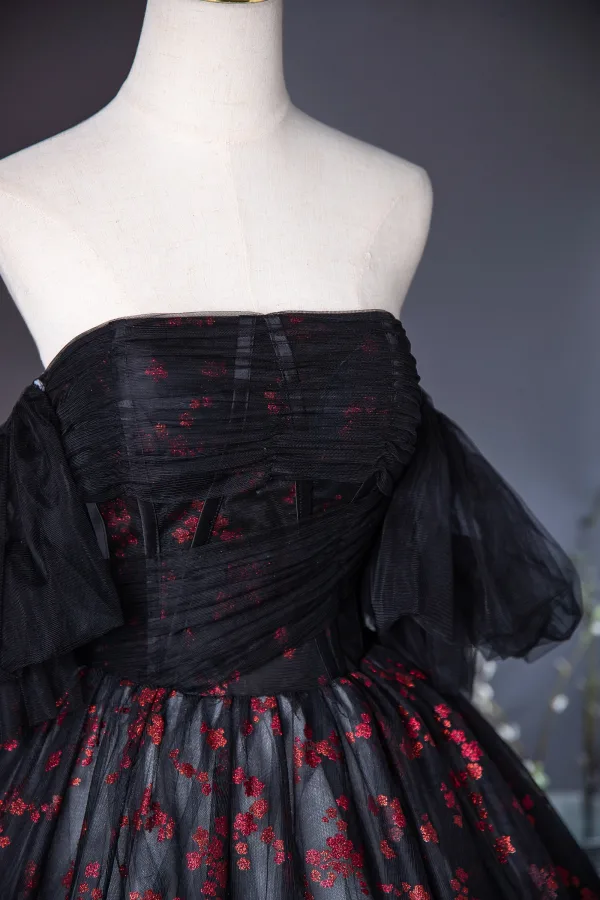 Flower Fairy Black Glitter Prom Dresses 2024 Ball Gown Strapless Sleeveless Backless Floor-Length / Long Prom Formal Dresses