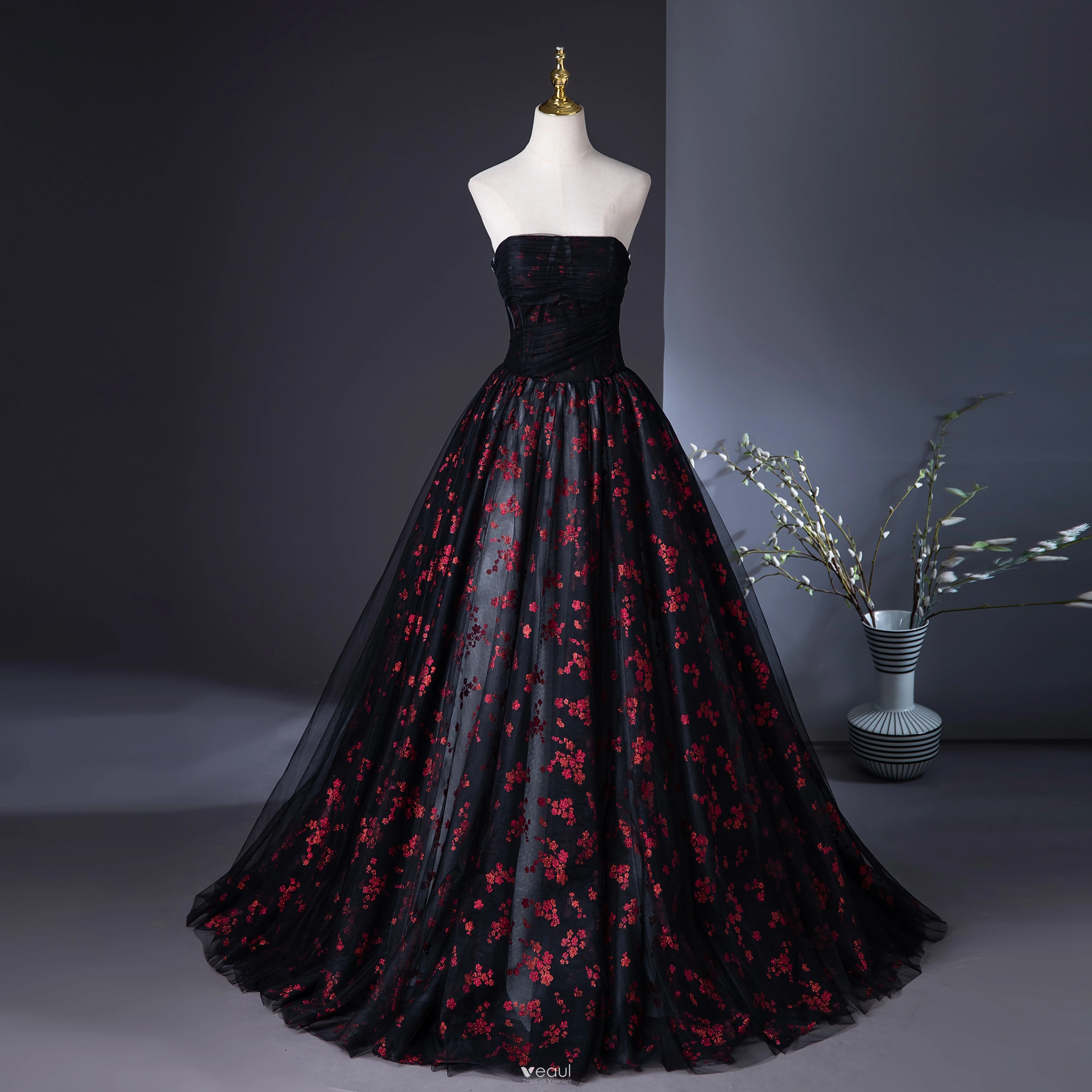 black fairy prom dress Off-the-shoulder Ball Gown Prom Dress Elegant Black Pagaent Dress Prin main image 1