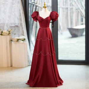 Elegant Burgundy Satin Prom Dresses 2023 A Line Princess Rhinestone Square Neckline Bow Puffy Short Sleeve Backless Floor Length Long Prom Formal Dresses