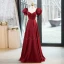 Elegant Burgundy Satin Prom Dresses 2023 A-Line / Princess Rhinestone Square Neckline Bow Puffy Short Sleeve Backless Floor-Length / Long Prom Formal Dresses
