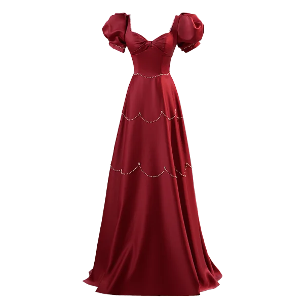 Elegant Burgundy Satin Prom Dresses 2023 A-Line / Princess Rhinestone Square Neckline Bow Puffy Short Sleeve Backless Floor-Length / Long Prom Formal Dresses