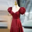 Elegant Burgundy Satin Prom Dresses 2023 A-Line / Princess Rhinestone Square Neckline Bow Puffy Short Sleeve Backless Floor-Length / Long Prom Formal Dresses