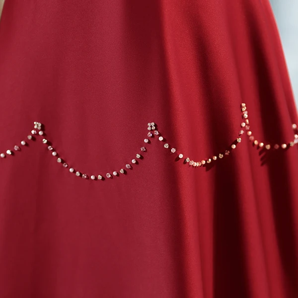 Elegant Burgundy Satin Prom Dresses 2023 A-Line / Princess Rhinestone Square Neckline Bow Puffy Short Sleeve Backless Floor-Length / Long Prom Formal Dresses