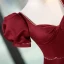 Elegant Burgundy Satin Prom Dresses 2023 A-Line / Princess Rhinestone Square Neckline Bow Puffy Short Sleeve Backless Floor-Length / Long Prom Formal Dresses