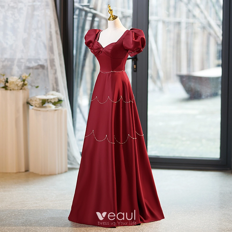 Elegant Burgundy Satin Prom Dresses 2023 A-Line / Princess Rhinestone Square Neckline Bow Puffy Short Sleeve Backless Floor-Length / Long Prom Formal Dresses Elegant Burgundy Satin Prom Dresses 2023 A-Line / Princess Rhinestone Square Neckline Bow Puffy Short Sleeve Backless Floor-Length / Long Prom Formal Dresses