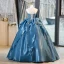 Elegant Ocean Blue Satin Cascading Ruffles Beading Prom Dresses 2023 A-Line / Princess Strapless Sleeveless Backless Floor-Length / Long Prom Formal Dresses