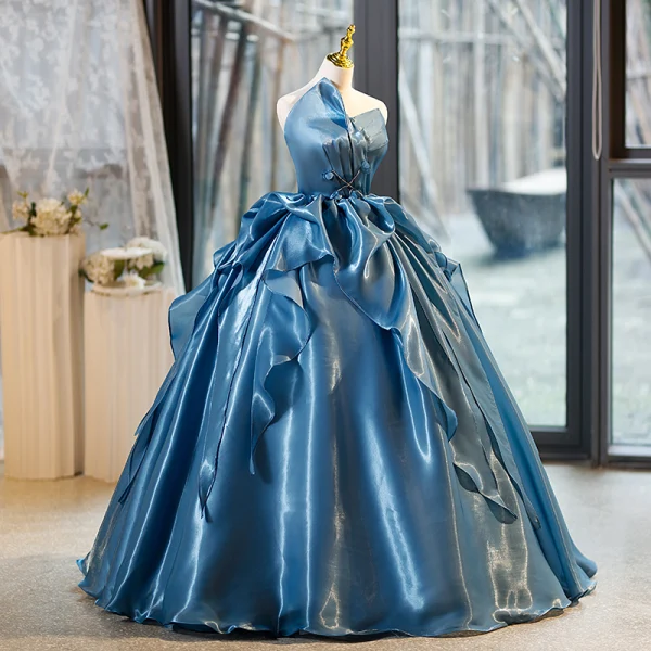 Elegant Ocean Blue Satin Cascading Ruffles Beading Prom Dresses 2023 A-Line Princess