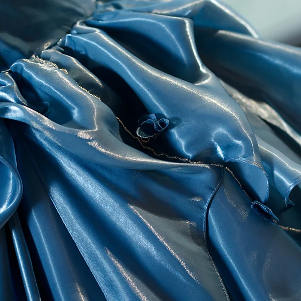 Elegant Ocean Blue Satin Cascading Ruffles Beading Prom Dresses 2023 A-Line / Princess Strapless Sleeveless Backless Floor-Length / Long Prom Formal Dresses
