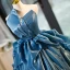 Elegant Ocean Blue Satin Cascading Ruffles Beading Prom Dresses 2023 A-Line / Princess Strapless Sleeveless Backless Floor-Length / Long Prom Formal Dresses