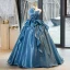 Elegant Ocean Blue Satin Cascading Ruffles Beading Prom Dresses 2023 A-Line / Princess Strapless Sleeveless Backless Floor-Length / Long Prom Formal Dresses