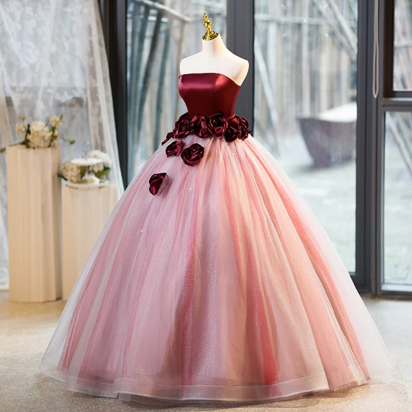 Chic / Beautiful Burgundy Appliques Prom Dresses 2023 Ball Gown Strapless Sleeveless Backless Floor-Length / Long Prom Formal Dresses