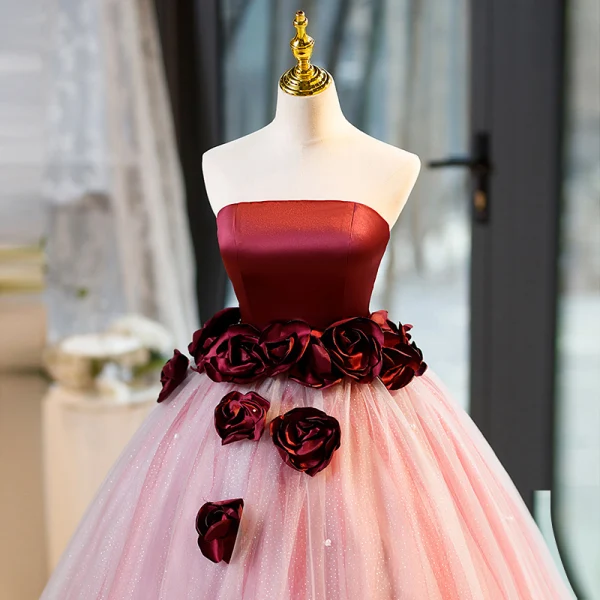 Chic / Beautiful Burgundy Appliques Prom Dresses 2023 Ball Gown Strapless Sleeveless Backless Floor-Length / Long Prom Formal Dresses