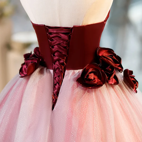 Chic / Beautiful Burgundy Appliques Prom Dresses 2023 Ball Gown Strapless Sleeveless Backless Floor-Length / Long Prom Formal Dresses