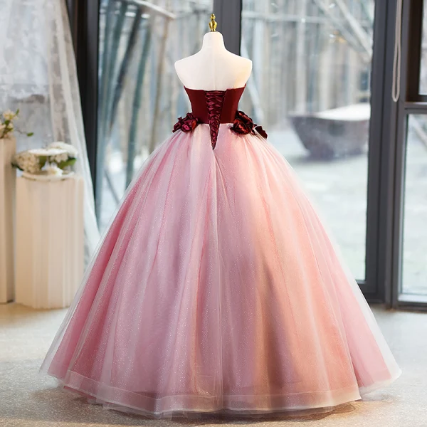 Chic / Beautiful Burgundy Appliques Prom Dresses 2023 Ball Gown Strapless Sleeveless Backless Floor-Length / Long Prom Formal Dresses