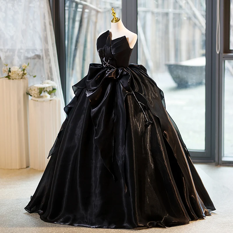Charming Black Satin Cascading Ruffles Prom Dresses 2023 Ball Gown Strapless Sleeveless