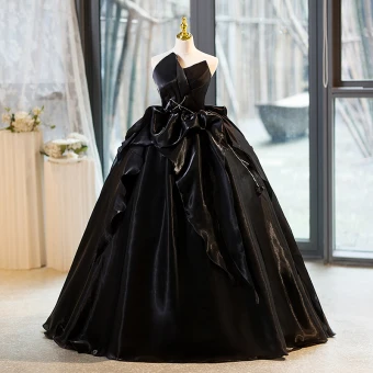 Charmant Noire Satin Volants En Cascade Robe De Bal 2023 Robe Boule Bustier Sans Manches Dos Nu Longue Promo Robe De Ceremonie
