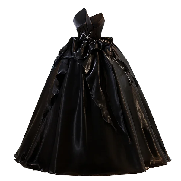 Charming Black Satin Cascading Ruffles Prom Dresses 2023 Ball Gown Strapless Sleeveless Backless Floor-Length / Long Prom Formal Dresses