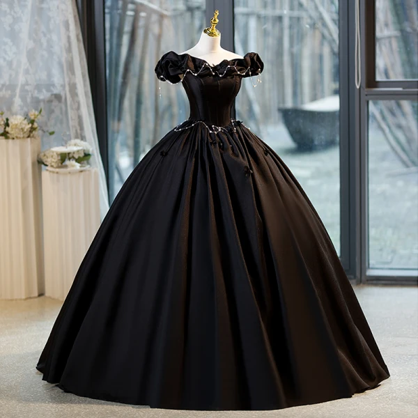 Elegant Black Pearl Prom Dresses 2023 Ball Gown Off-The-Shoulder Sleeveless Backless Floor-Length / Long Organza Prom Formal Dresses