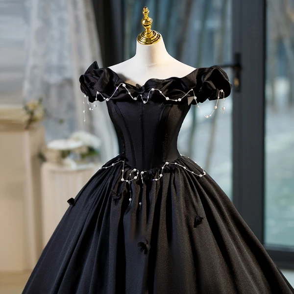 Elegant Black Pearl Prom Dresses 2023 Ball Gown Off-The-Shoulder Sleeveless Backless Floor-Length / Long Organza Prom Formal Dresses