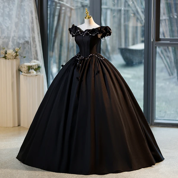Elegant Black Pearl Prom Dresses 2023 Ball Gown Off-The-Shoulder Sleeveless Backless Floor-Length / Long Organza Prom Formal Dresses