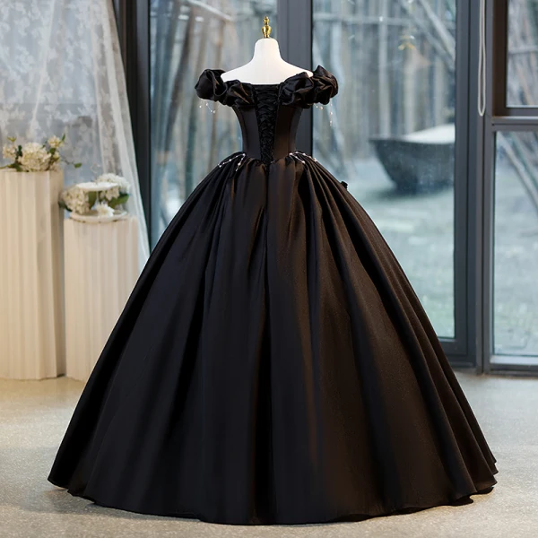 Elegant Black Pearl Prom Dresses 2023 Ball Gown Off-The-Shoulder Sleeveless Backless Floor-Length / Long Organza Prom Formal Dresses