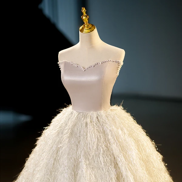 Sexy Champagne Tassel Evening Dresses 2023 Ball Gown Pearl Strapless Sleeveless Backless Floor-Length / Long Evening Party Formal Dresses