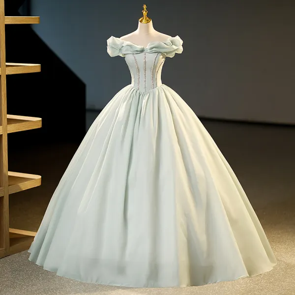 Elegant Sage Green Organza Sequins Prom Dresses 2023 Ball Gown Off-The-Shoulder Sleeveless Backless Floor-Length / Long Prom Formal Dresses
