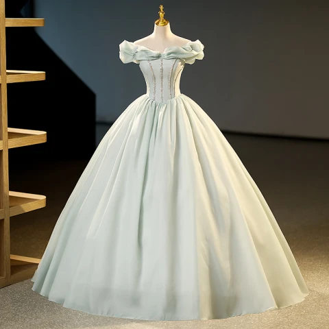 Elegantes Verde Salvia Organza Lentejuelas Vestidos de gala 2023 Ball Gown Fuera Del Hombro Sin Mangas Sin Espalda Largos Gala Vestidos Formales