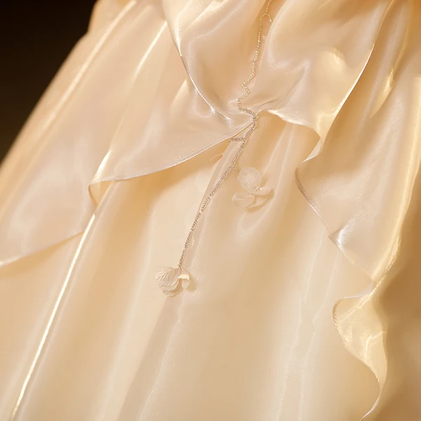 Mode Champagner Perlenstickerei Fallende Rüsche Ballkleider 2023 Ballkleid Organza Bandeau Ärmellos Rückenfreies Lange Ball Festliche Kleider